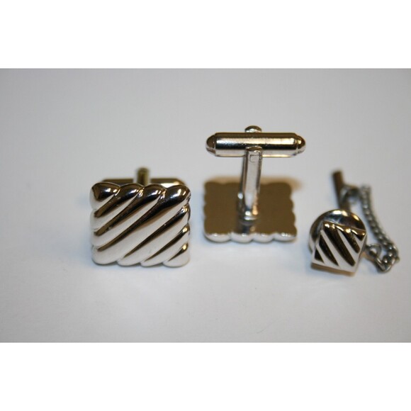Vintage Chrome Solid Ribbed Striped 1960s Cuff Links & Tie Tack Set Rare - Picture 2 of 4